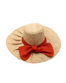 Lilly 5" Brim Fan Straw Sun Hat with Big Coral orange/red bow and matching hatband on handmade natural loomed raffia pleated wide brim hat - Shebobo