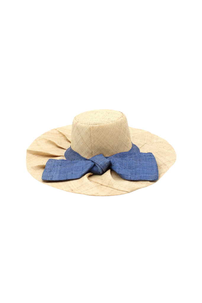 Lilly 5" Brim Fan Straw Sun Hat with Big Denim retro/light/blue bow and matching hatband on handmade natural loomed raffia pleated wide brim hat - Shebobo