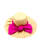 Lilly 5" Brim Fan Straw Sun Hat with Big Fuchsia bright/hot/barbie/pink bow and matching hatband on handmade natural loomed raffia pleated wide brim hat - Shebobo