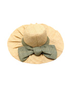 Lilly 5" Brim Fan Straw Sun Hat with Big Ocean Mist/sage/green bow and matching hatband on handmade natural loomed raffia pleated wide brim hat - Shebobo