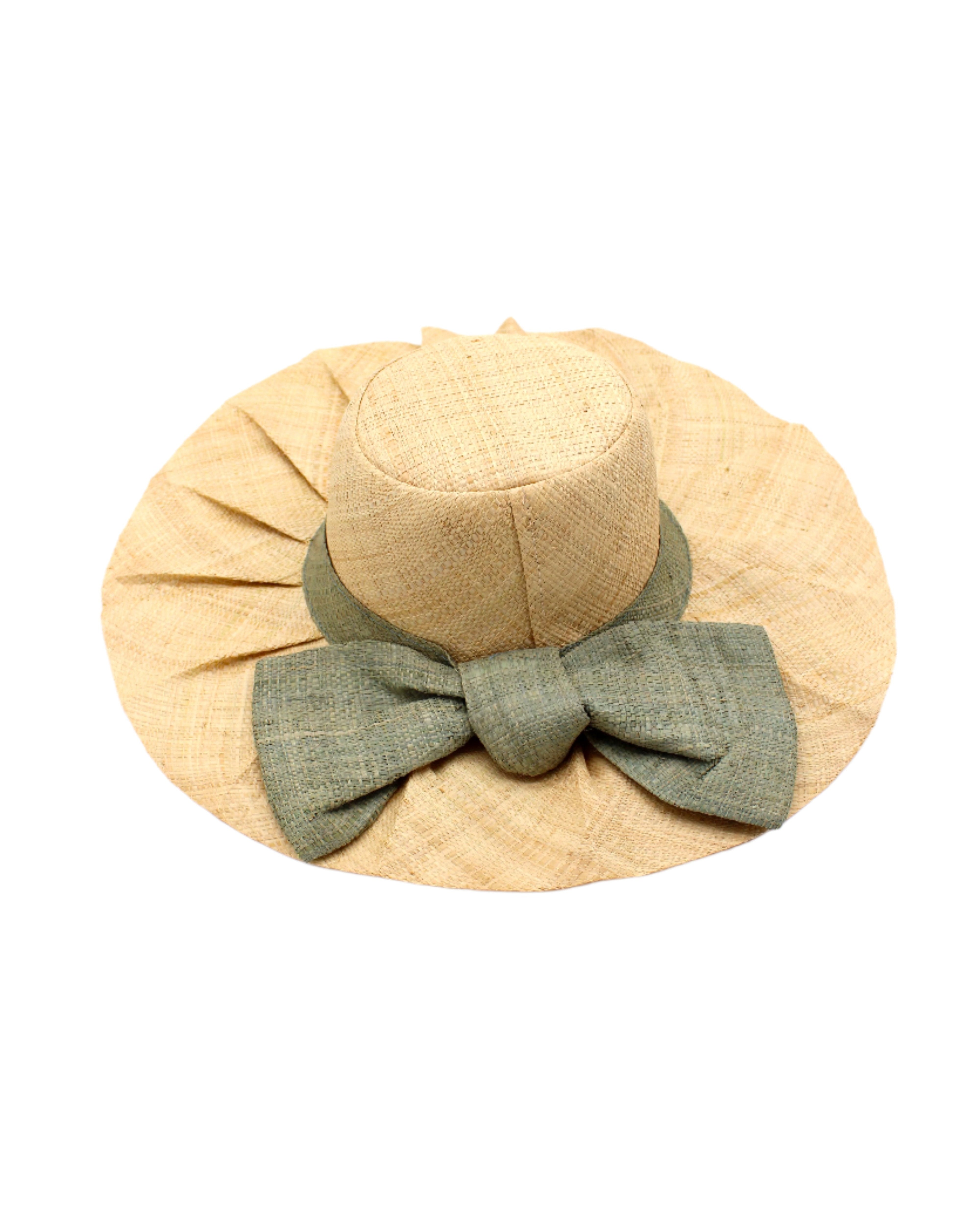 Lilly 5" Brim Fan Straw Sun Hat with Big Ocean Mist/sage/green bow and matching hatband on handmade natural loomed raffia pleated wide brim hat - Shebobo