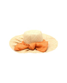 Lilly 5" Brim Fan Straw Sun Hat with Big Melon peach/salmon/light/orange/pink bow and matching hatband on handmade natural loomed raffia pleated wide brim hat - Shebobo