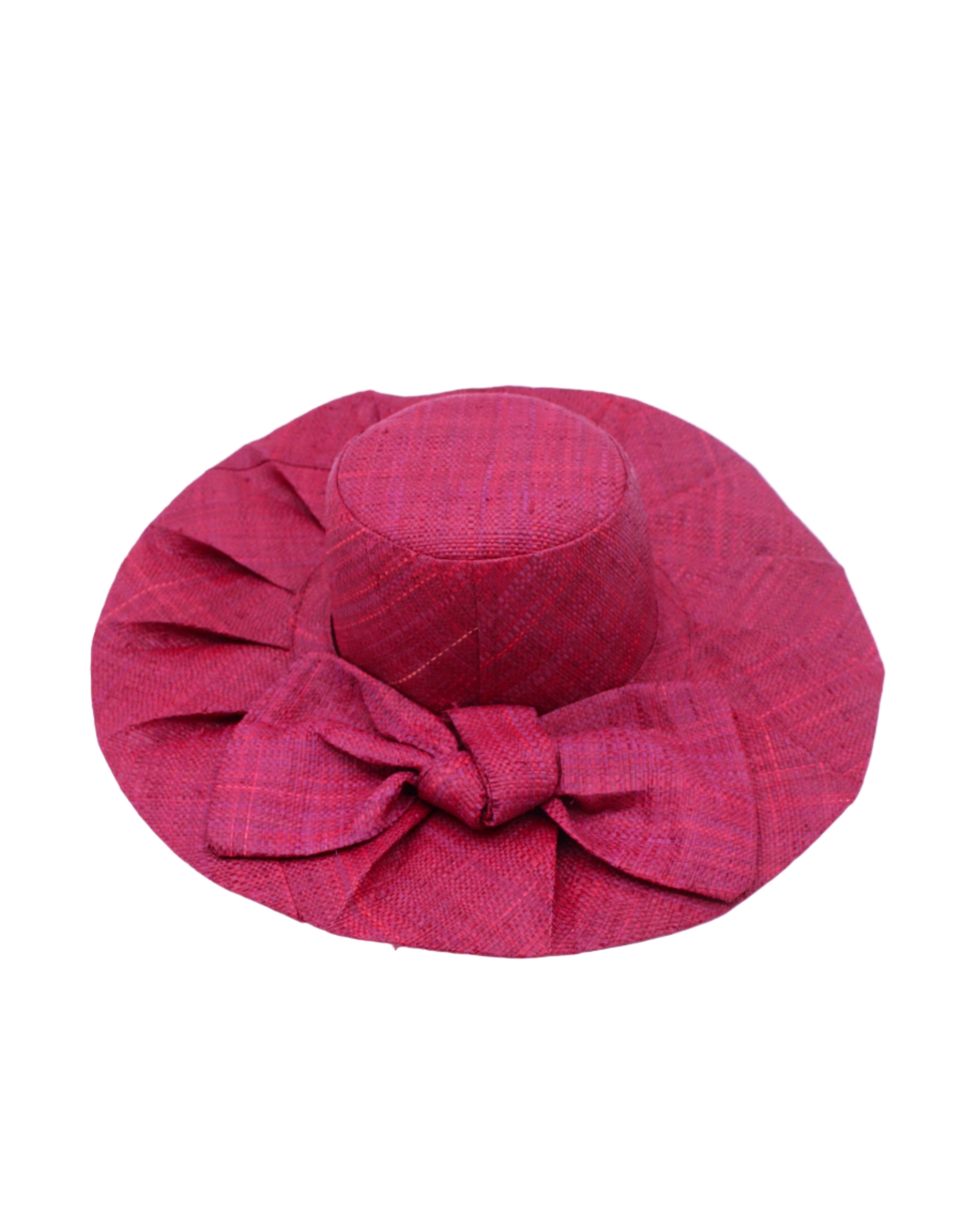 Lilly 5" Brim Fan Straw Sun Hat with Big Bow Umberwine handmade loomed natural raffia palm fiber in a solid hue of umberwine bordeaux/claret/deep/dark/purple/red with pleated wide brim and oversized bow embellishment - Shebobo