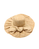Lilly 5" Brim Fan Straw Sun Hat with Big natural straw colored bow and matching hatband on handmade natural loomed raffia pleated wide brim hat - Shebobo