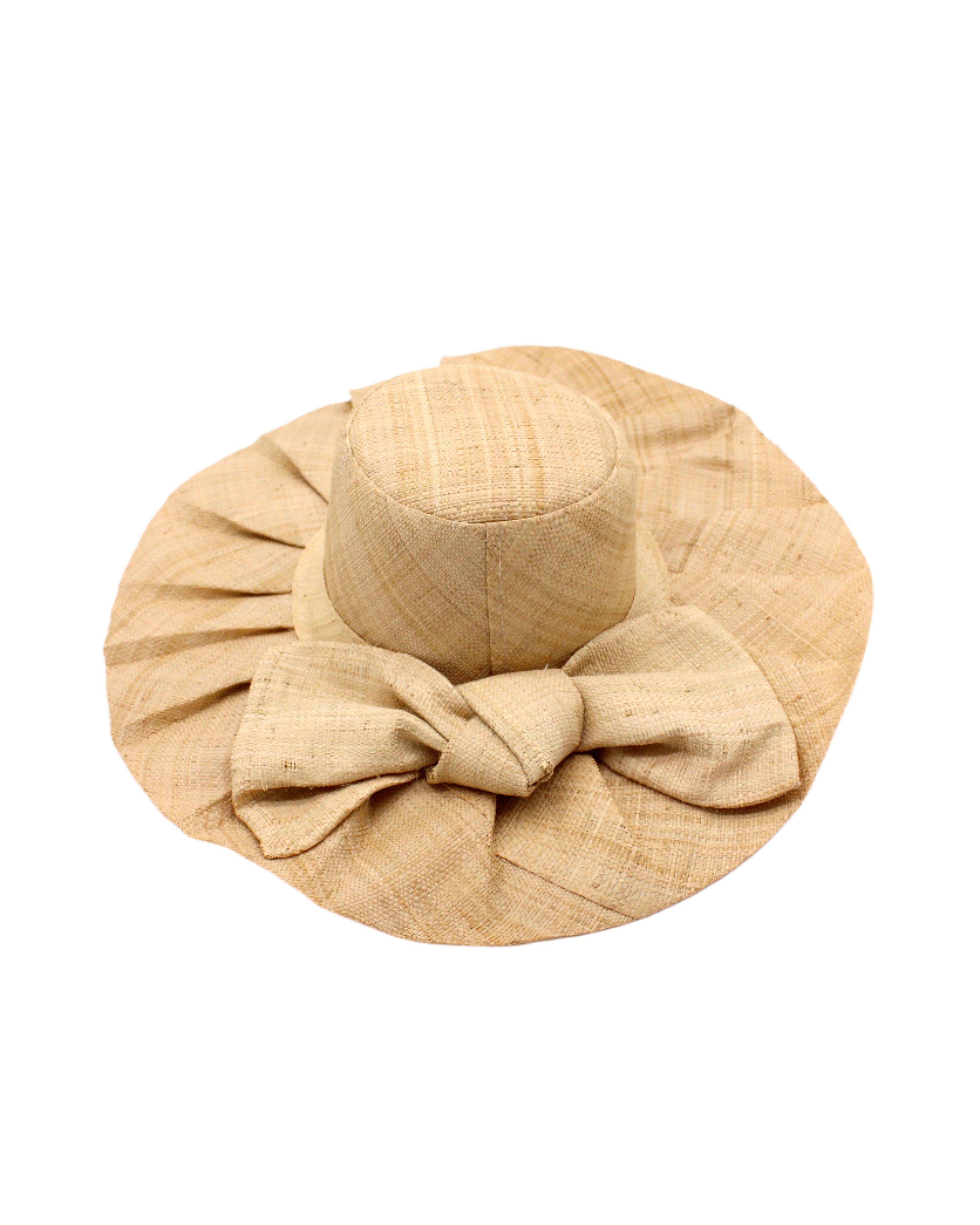 Lilly 5" Brim Fan Straw Sun Hat with Big natural straw colored bow and matching hatband on handmade natural loomed raffia pleated wide brim hat - Shebobo