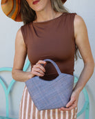 Little Betty Mini Straw Purse Zippered Handbag handmade loomed raffia palm fiber in a solid hue of denim light/retro/blue petite small bag with zipper closure - Shebobo