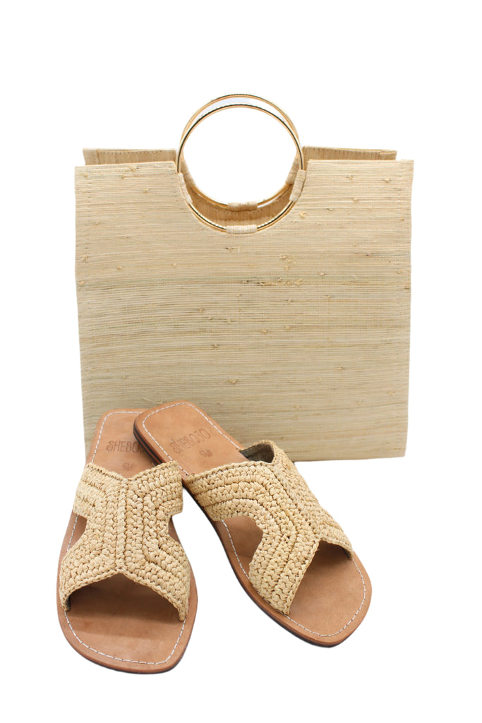 Lizzie Crochet Straw & Leather Sandal handmade crochet natural raffia palm fiber in a solid hue of natural straw color in a h-shape double band across the top of the shoe and leather soles summer slide shoe - Shebobo (with JoJo Metal Ring Handle Straw Handbag)