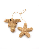 Lobster & Starfish Tie Crochet Raffia Charm Embellishment handmade natural raffia palm fiber is crochet into 3D coastal lobster and starfish shapes in natural straw color and connected with raffia twist tie beach bag embellishment - Shebobo
