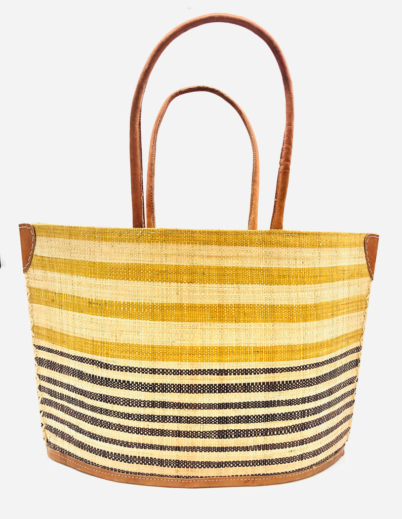 Lova Wide Stripe Straw Tote Bag handmade loomed raffia in varying widths of horizontal stripes in cinnamon/tobacco/brown, dark brown, and natural straw color handbag beach bag with leather handles - Shebobo