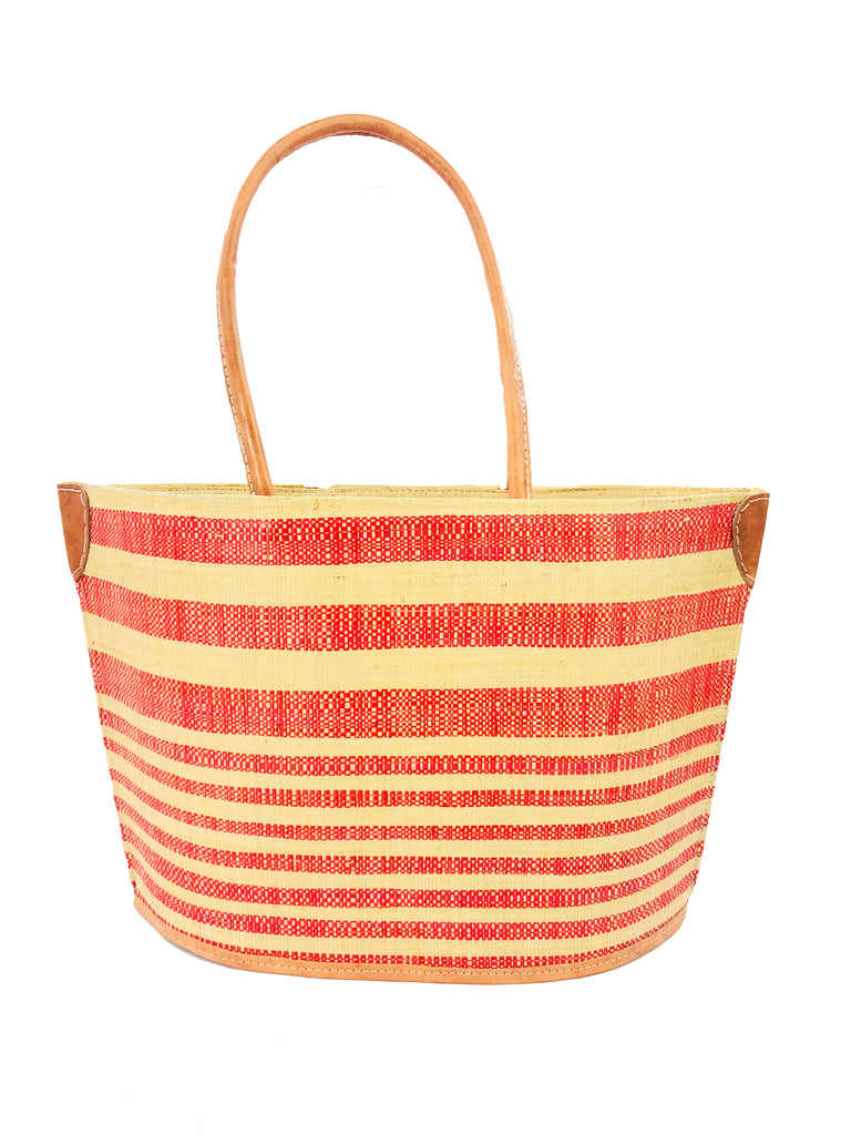 Lova Wide Stripe Straw Tote Bag handmade loomed raffia in varying widths of horizontal stripes in red, and natural straw color handbag beach bag with leather handles - Shebobo