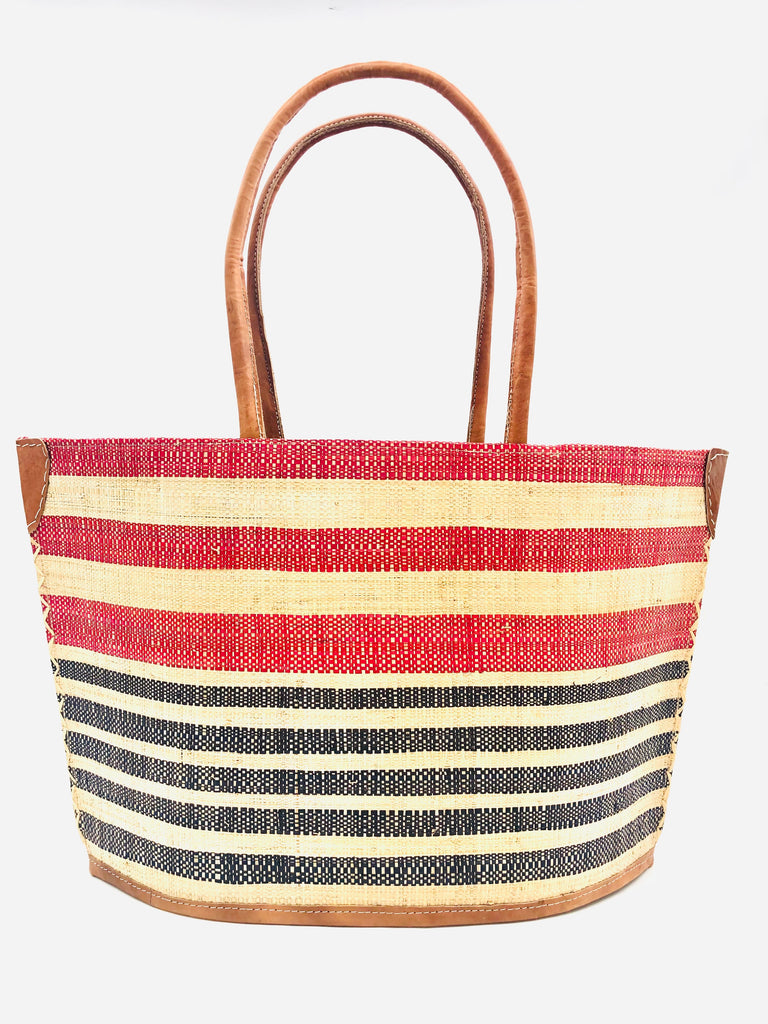 Lova Wide Stripe Straw Tote Bag handmade loomed raffia in varying widths of horizontal stripes in red, black, and natural straw color handbag beach bag with leather handles - Shebobo