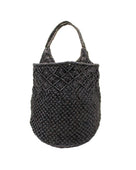 Luca Macrame Diamonds Crochet Straw Handbag handmade knotted natural raffia palm fiber in a solid hue of Black in a multi-texture circular pattern of concentric spiral links on the base, cross-hatch x pattern up 2/3rds of the bag, and geometric diamond flower pattern around the top third, with diamond pattern on the base of the shoulder strap handles with tubular loop handle tops - Shebobo