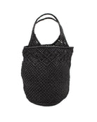 Luca Macrame Diamonds Crochet Straw Handbag handmade knotted natural raffia palm fiber in a solid hue of Black in a multi-texture circular pattern of concentric spiral links on the base, cross-hatch x pattern up 2/3rds of the bag, and geometric diamond flower pattern around the top third, with diamond pattern on the base of the shoulder strap handles with tubular loop handle tops - Shebobo