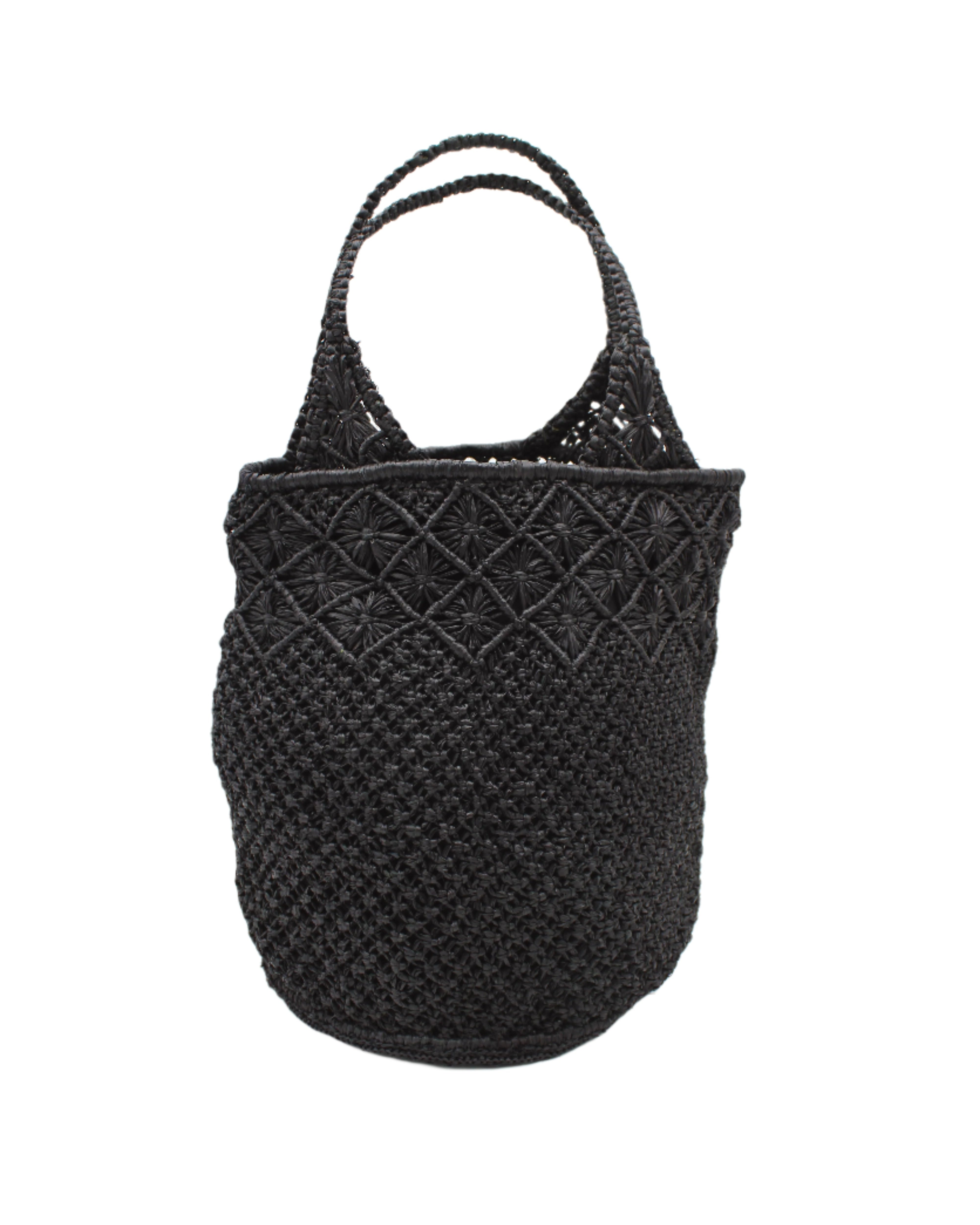 Luca Macrame Diamonds Crochet Straw Handbag handmade knotted natural raffia palm fiber in a solid hue of Black in a multi-texture circular pattern of concentric spiral links on the base, cross-hatch x pattern up 2/3rds of the bag, and geometric diamond flower pattern around the top third, with diamond pattern on the base of the shoulder strap handles with tubular loop handle tops - Shebobo
