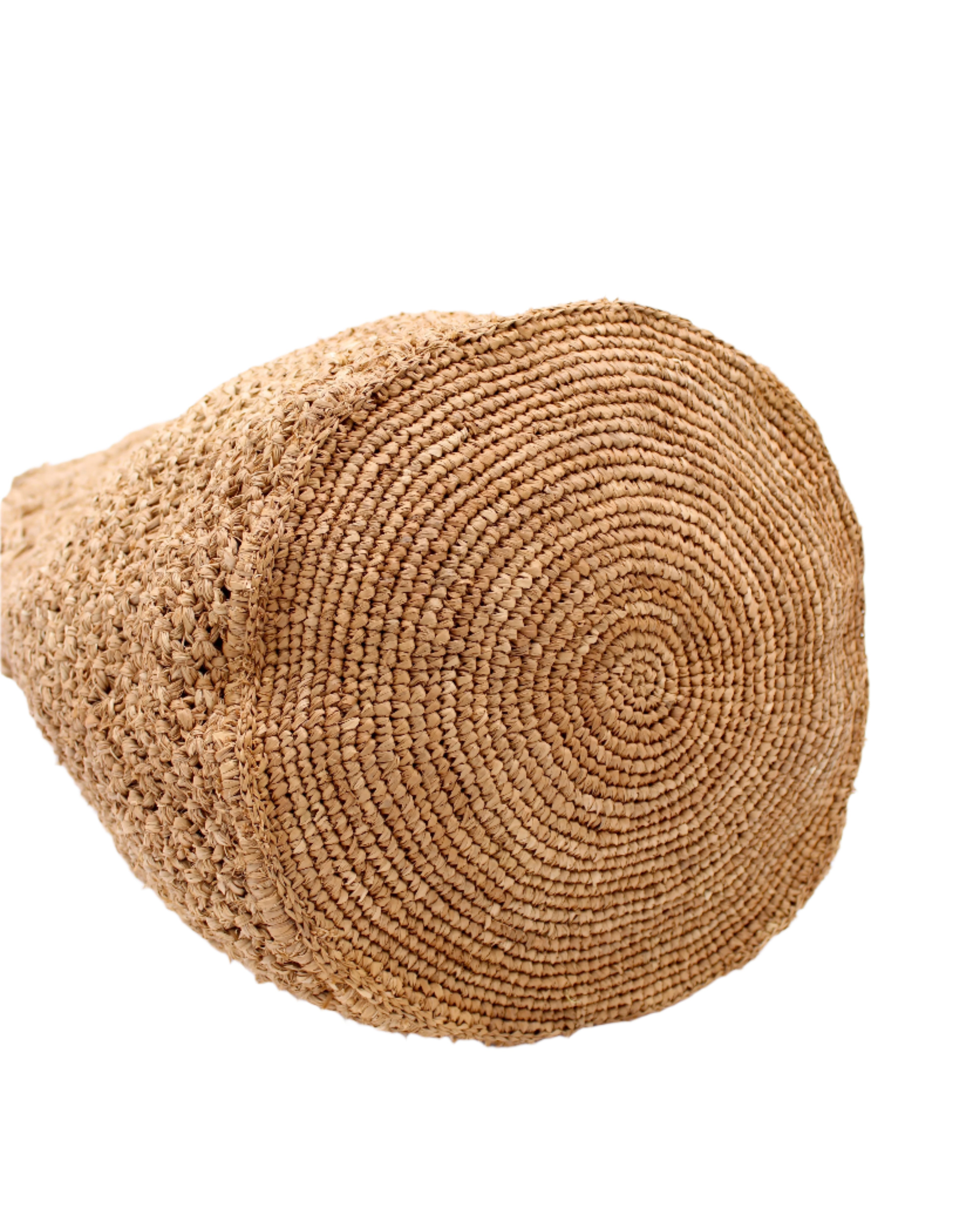 Detail view Luca Macrame Diamonds Crochet Straw Handbag handmade knotted natural raffia palm fiber in a solid hue of Cappuccino tea/light/brown in a multi-texture circular pattern of concentric spiral links on the base, cross-hatch x pattern up 2/3rds of the bag, and geometric diamond flower pattern around the top third, with diamond pattern on the base of the shoulder strap handles with tubular loop handle tops - Shebobo