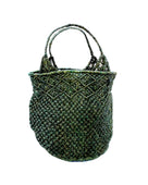 Luca Macrame Diamonds Crochet Straw Handbag handmade knotted natural raffia palm fiber in a solid hue of Deep Green forest/army/dark/green in a multi-texture circular pattern of concentric spiral links on the base, cross-hatch x pattern up 2/3rds of the bag, and geometric diamond flower pattern around the top third, with diamond pattern on the base of the shoulder strap handles with tubular loop handle tops - Shebobo