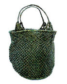Luca Macrame Diamonds Crochet Straw Handbag handmade knotted natural raffia palm fiber in a solid hue of Deep Green forest/army/dark/green in a multi-texture circular pattern of concentric spiral links on the base, cross-hatch x pattern up 2/3rds of the bag, and geometric diamond flower pattern around the top third, with diamond pattern on the base of the shoulder strap handles with tubular loop handle tops - Shebobo