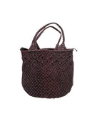 Luca Macrame Diamonds Crochet Straw Handbag handmade knotted natural raffia palm fiber in a solid hue of Mocha chocolate/dark/brown in a multi-texture circular pattern of concentric spiral links on the base, cross-hatch x pattern up 2/3rds of the bag, and geometric diamond flower pattern around the top third, with diamond pattern on the base of the shoulder strap handles with tubular loop handle tops - Shebobo