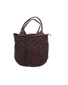 Luca Macrame Diamonds Crochet Straw Handbag handmade knotted natural raffia palm fiber in a solid hue of Mocha chocolate/dark/brown in a multi-texture circular pattern of concentric spiral links on the base, cross-hatch x pattern up 2/3rds of the bag, and geometric diamond flower pattern around the top third, with diamond pattern on the base of the shoulder strap handles with tubular loop handle tops - Shebobo