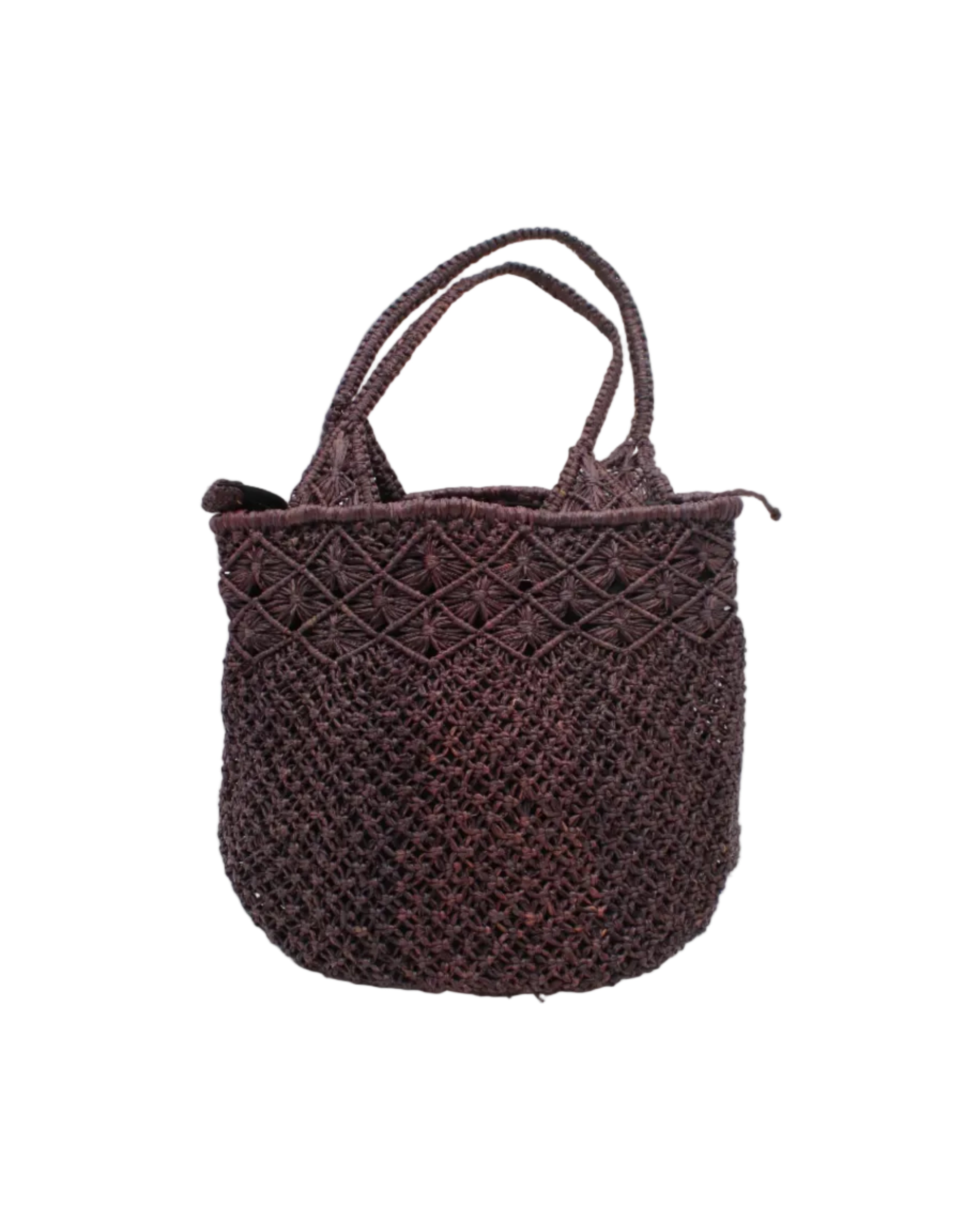 Luca Macrame Diamonds Crochet Straw Handbag handmade knotted natural raffia palm fiber in a solid hue of Mocha chocolate/dark/brown in a multi-texture circular pattern of concentric spiral links on the base, cross-hatch x pattern up 2/3rds of the bag, and geometric diamond flower pattern around the top third, with diamond pattern on the base of the shoulder strap handles with tubular loop handle tops - Shebobo