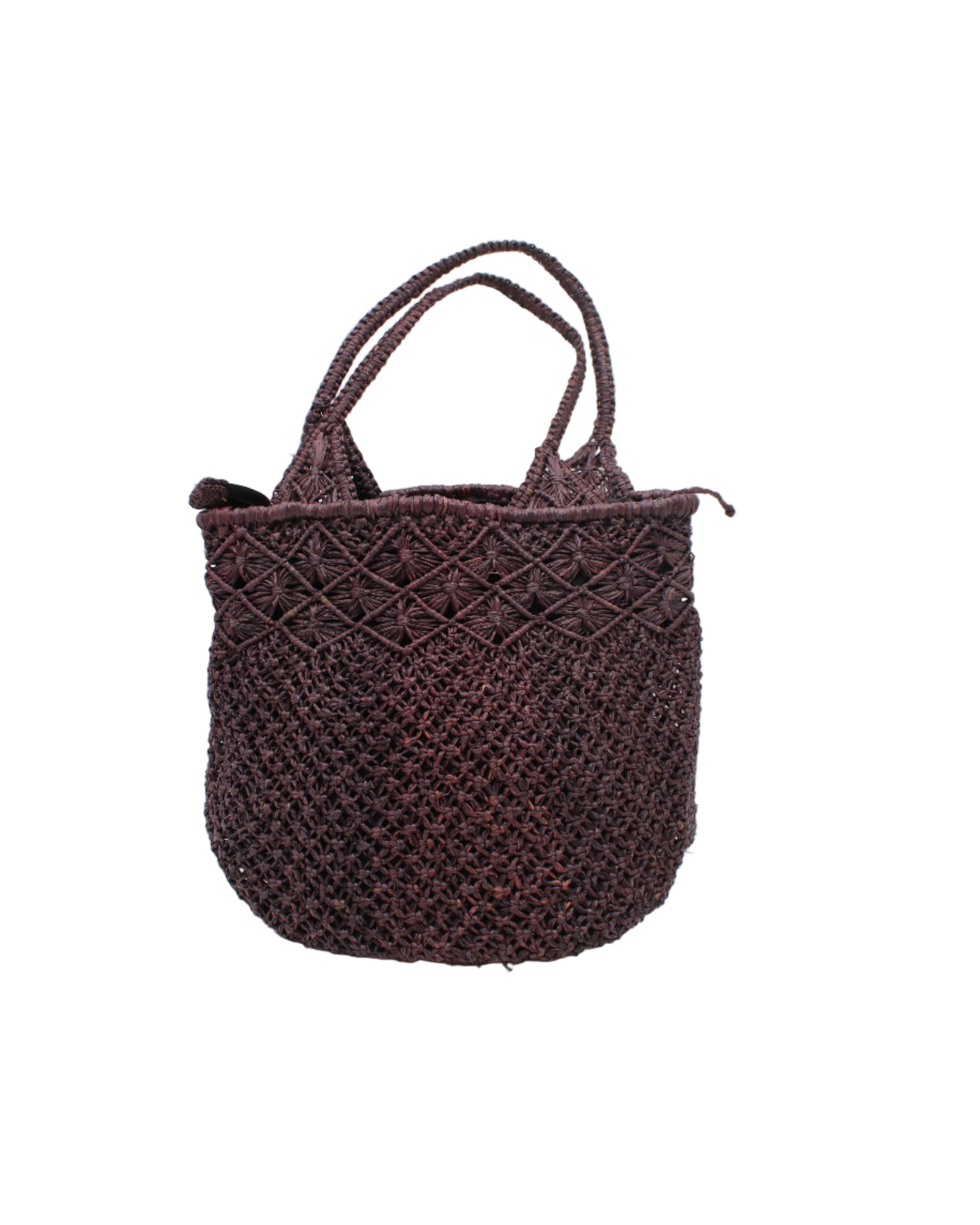 Luca Macrame Diamonds Crochet Straw Handbag handmade knotted natural raffia palm fiber in a solid hue of Mocha chocolate/dark/brown in a multi-texture circular pattern of concentric spiral links on the base, cross-hatch x pattern up 2/3rds of the bag, and geometric diamond flower pattern around the top third, with diamond pattern on the base of the shoulder strap handles with tubular loop handle tops - Shebobo