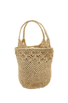 Luca Macrame Diamonds Crochet Straw Handbag handmade knotted natural raffia palm fiber in a solid hue of Natural straw color  in a multi-texture circular pattern of concentric spiral links on the base, cross-hatch x pattern up 2/3rds of the bag, and geometric diamond flower pattern around the top third, with diamond pattern on the base of the shoulder strap handles with tubular loop handle tops - Shebobo