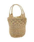 Luca Macrame Diamonds Crochet Straw Handbag handmade knotted natural raffia palm fiber in a solid hue of Natural straw color  in a multi-texture circular pattern of concentric spiral links on the base, cross-hatch x pattern up 2/3rds of the bag, and geometric diamond flower pattern around the top third, with diamond pattern on the base of the shoulder strap handles with tubular loop handle tops - Shebobo