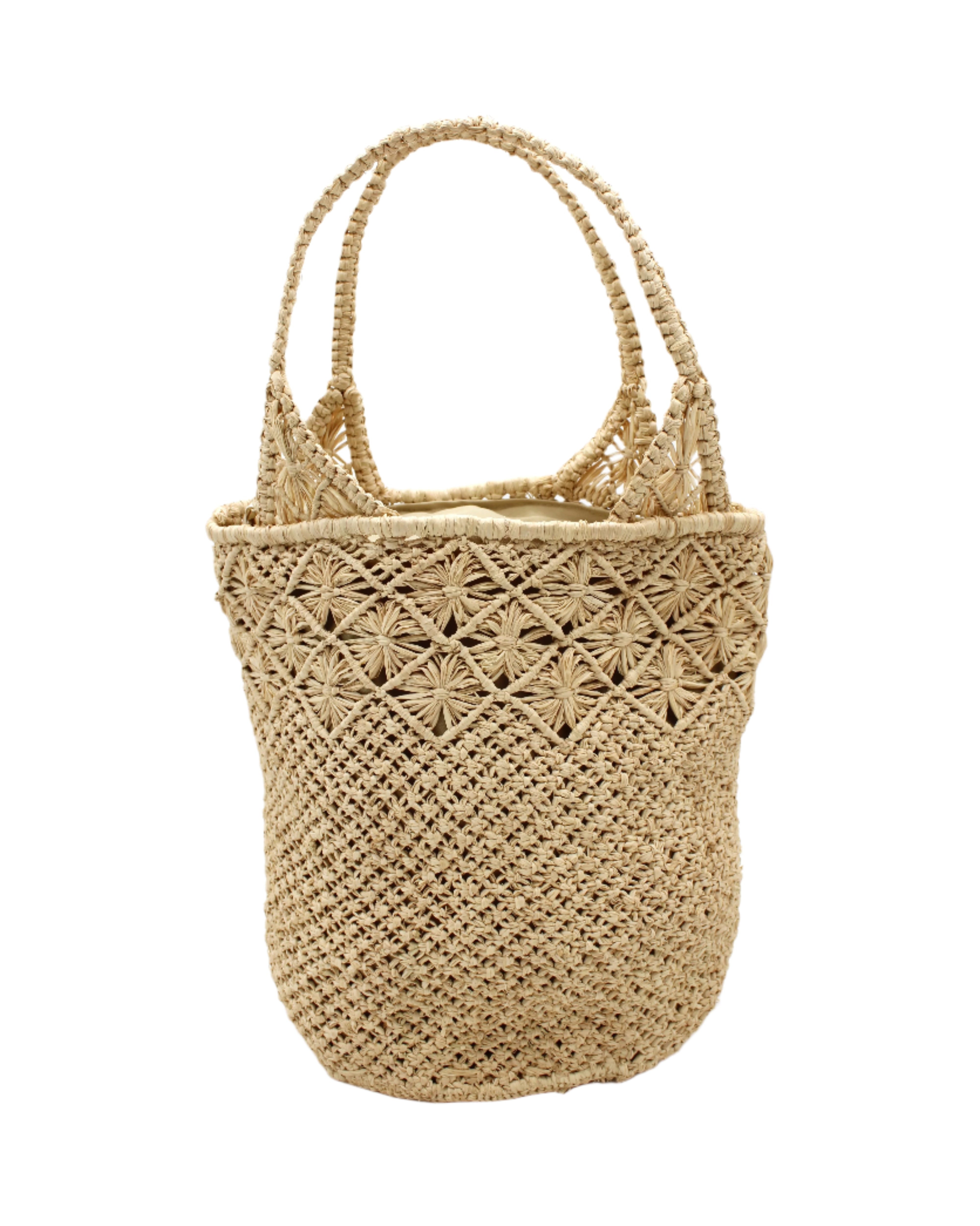 Luca Macrame Diamonds Crochet Straw Handbag handmade knotted natural raffia palm fiber in a solid hue of Natural straw color  in a multi-texture circular pattern of concentric spiral links on the base, cross-hatch x pattern up 2/3rds of the bag, and geometric diamond flower pattern around the top third, with diamond pattern on the base of the shoulder strap handles with tubular loop handle tops - Shebobo