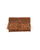 Luli Macrame Diamond and Crochet Straw Envelope Clutch Purse with Raw Fringe Trim Edge handmade macrame and crochet natural raffia palm fiber in a solid hue of Cappuccino tea/light/brown in a diagonal geometric pattern of starburst or flower inside diamonds with hand brushed raw fringe trim edge along the top flap of the envelope design handbag  - Shebobo