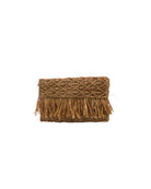 Luli Macrame Diamond and Crochet Straw Envelope Clutch Purse with Raw Fringe Trim Edge handmade macrame and crochet natural raffia palm fiber in a solid hue of Cappuccino tea/light/brown in a diagonal geometric pattern of starburst or flower inside diamonds with hand brushed raw fringe trim edge along the top flap of the envelope design handbag  - Shebobo