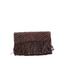 Luli Macrame Diamond and Crochet Straw Envelope Clutch Purse with Raw Fringe Trim Edge handmade macrame and crochet natural raffia palm fiber in a solid hue of Mocha dark/chocolate/brown in a diagonal geometric pattern of starburst or flower inside diamonds with hand brushed raw fringe trim edge along the top flap of the envelope design handbag  - Shebobo