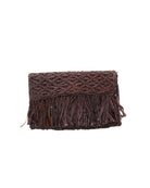 Luli Macrame Diamond and Crochet Straw Envelope Clutch Purse with Raw Fringe Trim Edge handmade macrame and crochet natural raffia palm fiber in a solid hue of Mocha dark/chocolate/brown in a diagonal geometric pattern of starburst or flower inside diamonds with hand brushed raw fringe trim edge along the top flap of the envelope design handbag  - Shebobo