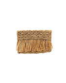 Luli Macrame Diamond and Crochet Straw Envelope Clutch Purse with Raw Fringe Trim Edge handmade macrame and crochet natural raffia palm fiber in a solid hue of natural straw color in a diagonal geometric pattern of starburst or flower inside diamonds with hand brushed raw fringe trim edge along the top flap of the envelope design handbag  - Shebobo