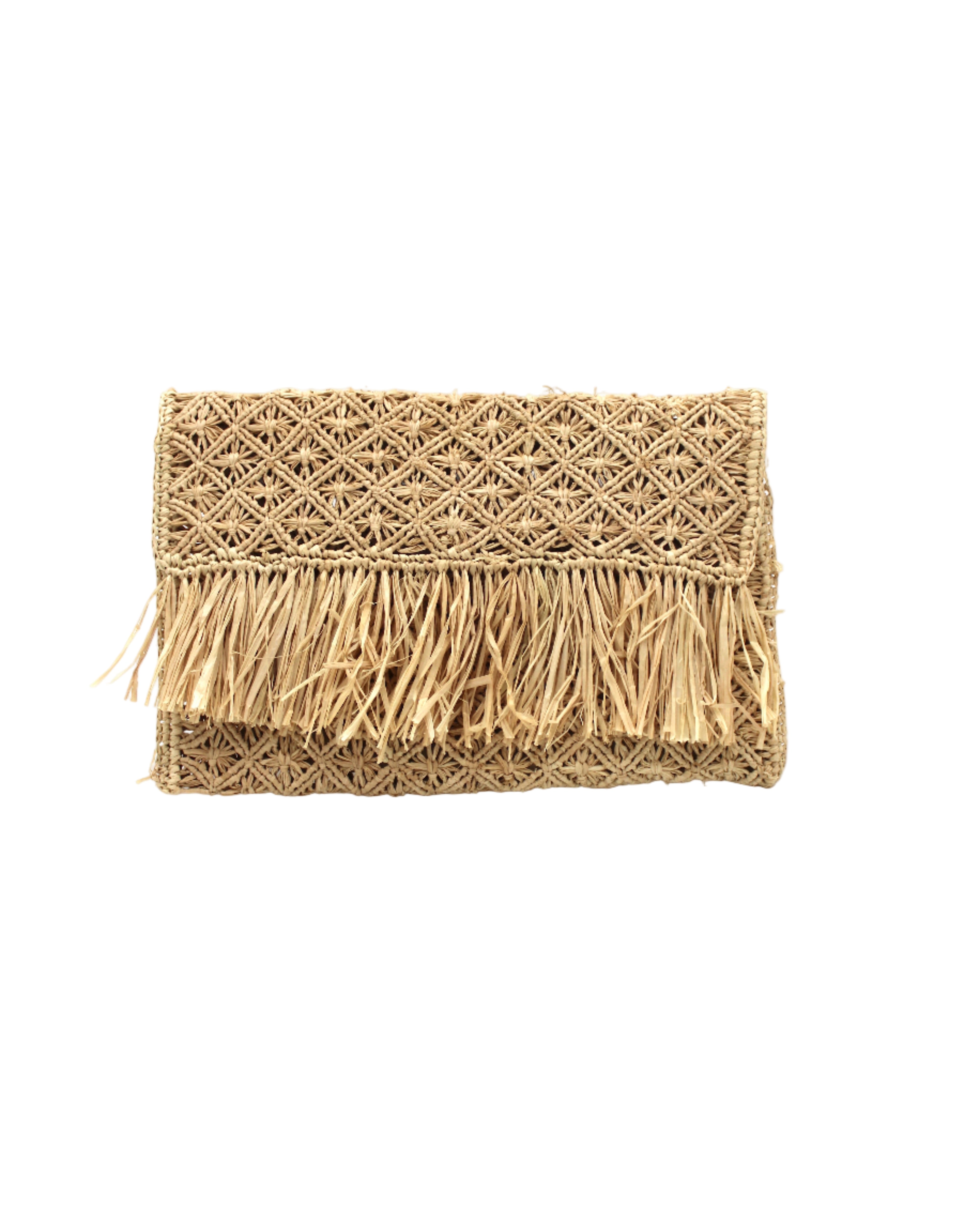 Luli Macrame Diamond and Crochet Straw Envelope Clutch Purse with Raw Fringe Trim Edge handmade macrame and crochet natural raffia palm fiber in a solid hue of natural straw color in a diagonal geometric pattern of starburst or flower inside diamonds with hand brushed raw fringe trim edge along the top flap of the envelope design handbag  - Shebobo
