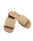 Lulu Macrame and Crochet Diamond Straw Sandal Shoes handmade natural raffia palm fiber crochet and knotted macrame in a solid hue of natural straw color with geometric diamond or flower pattern in diagonal bands of texture on the top of the shoe and leather with rubber anti slip soles slide sandals - Shebobo