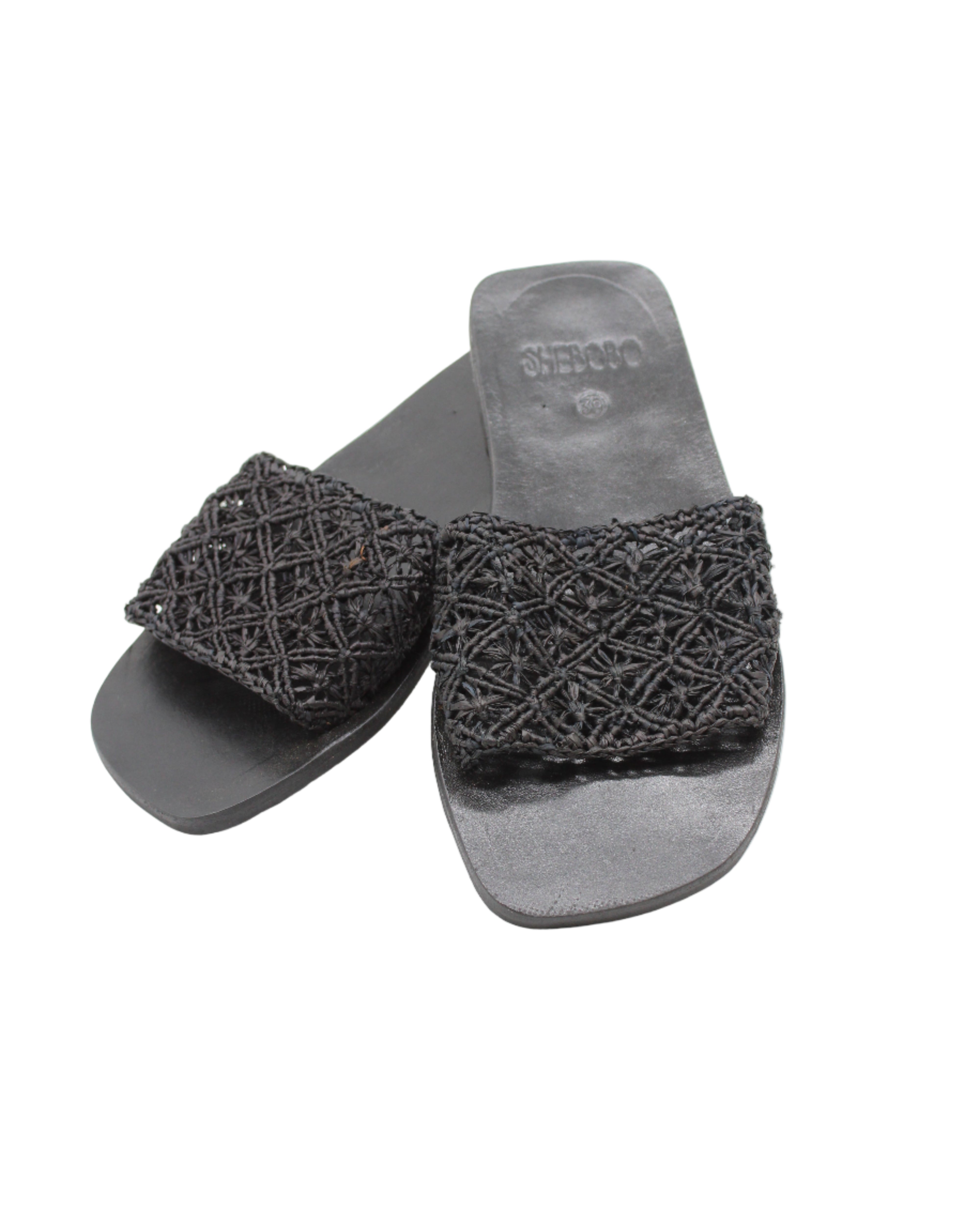 Lulu Macrame and Crochet Diamond Straw Sandal Shoes handmade natural raffia palm fiber crochet and knotted macrame in a solid hue of black with geometric diamond or flower pattern in diagonal bands of texture on the top of the shoe and leather with rubber anti slip soles slide sandals - Shebobo
