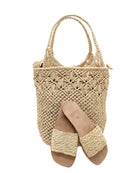 Lulu Macrame and Crochet Diamond Straw Sandal Shoes handmade natural raffia palm fiber crochet and knotted macrame in a solid hue of natural straw color with geometric diamond or flower pattern in diagonal bands of texture on the top of the shoe and leather with rubber anti slip soles slide sandals - Shebobo (with Luca Macrame and Crochet Diamond Straw Handbag)