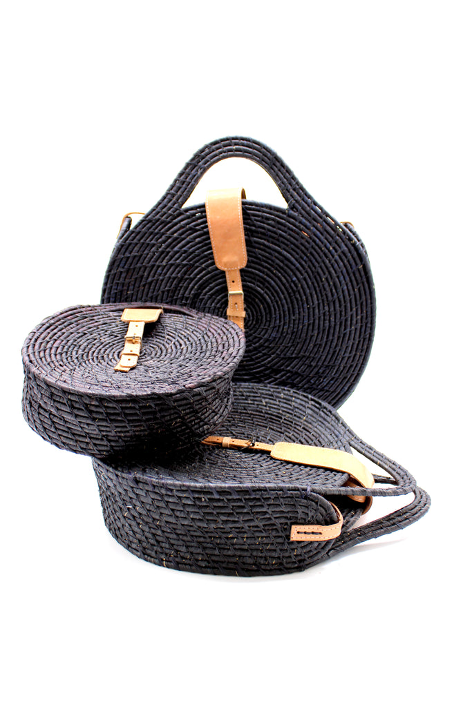 Luna Black Round Straw Crossbody Bag modern crochet raffia handmade purse shoulder bag three sizes small, medium, or large with leather strap - Shebobo