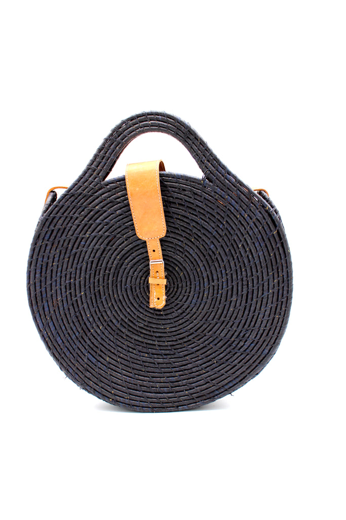 Luna Black Round Straw Crossbody Bag modern crochet raffia handmade purse shoulder bag three sizes small, medium, or large with leather strap - Shebobo