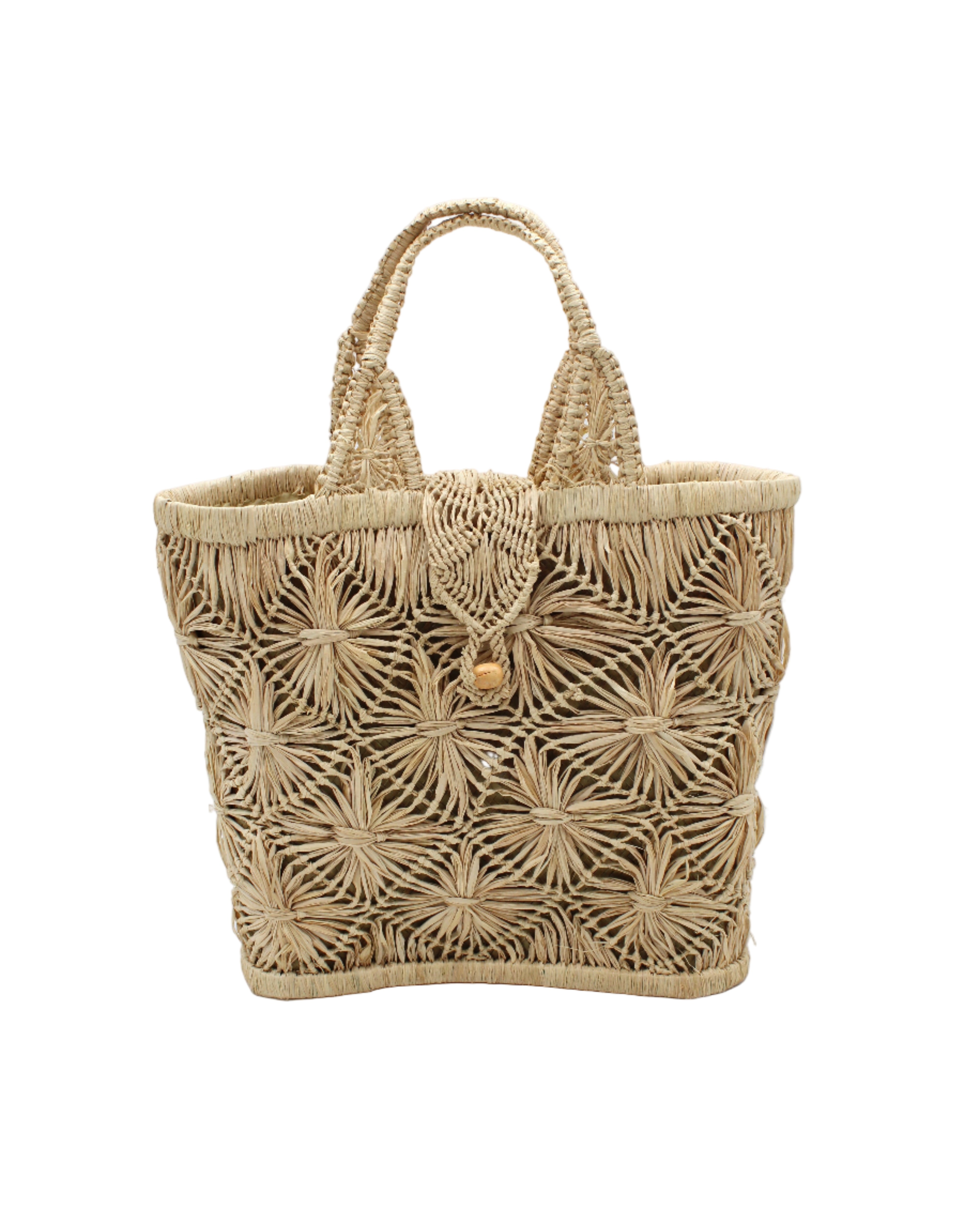 Lusha Macrame Diamond and Crochet Straw Basket Bag handmade natural raffia palm fiber in a solid hue of natural straw color macrame into a large geometric diagonal diamond pattern with loop banding on the top and bottom edges, macrame diamond and loop handles, with knotted matching flap closure beach bag shoulder bag purse - Shebobo