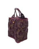 Side view Lusha Macrame Diamond and Crochet Straw Basket Bag handmade natural raffia palm fiber in a solid hue of Umberwine bordeaux/claret/deep/dark/red/purple macrame into a large geometric diagonal diamond pattern with loop banding on the top and bottom edges, macrame diamond and loop handles, with knotted matching flap closure beach bag shoulder bag purse - Shebobo