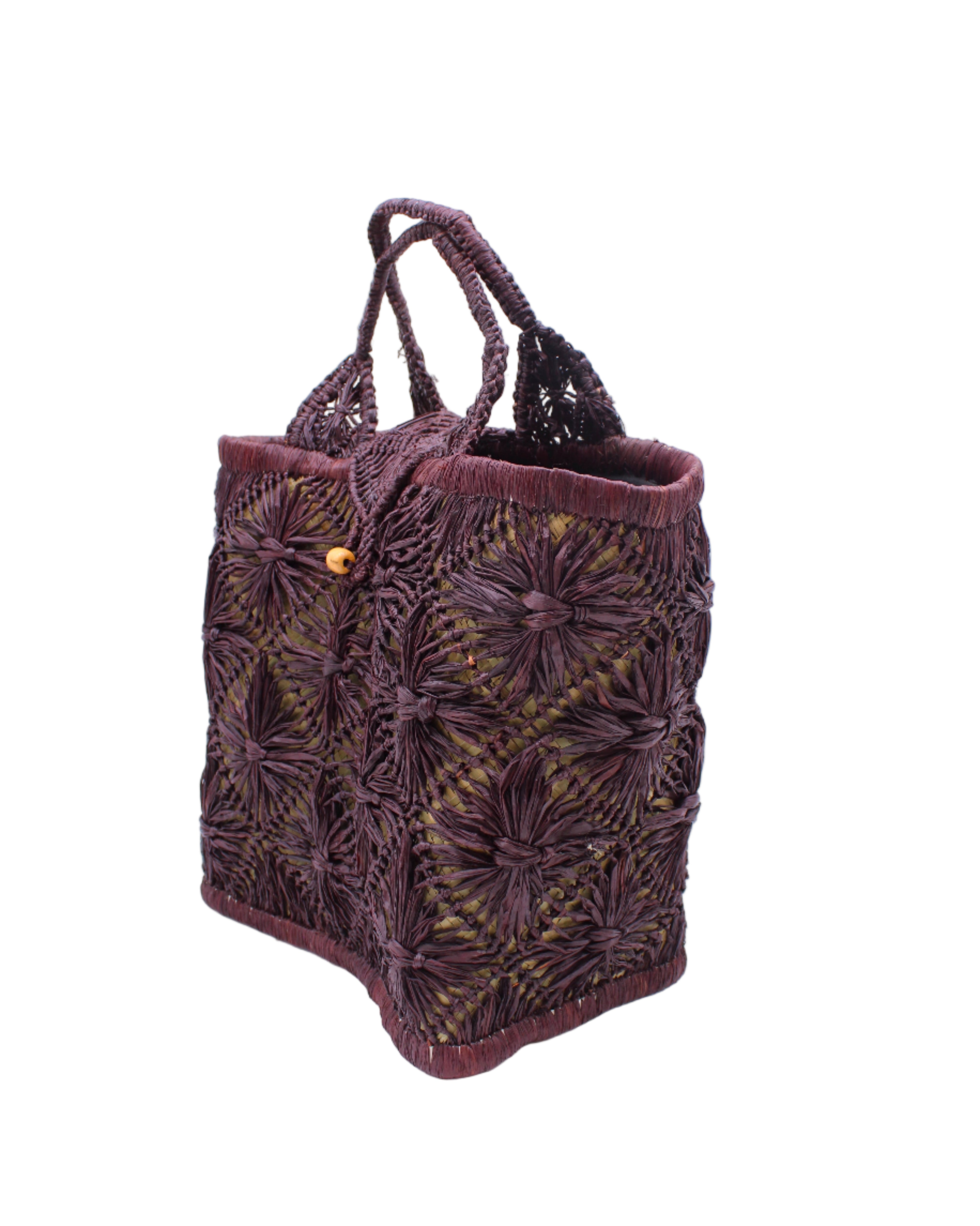 Side view Lusha Macrame Diamond and Crochet Straw Basket Bag handmade natural raffia palm fiber in a solid hue of Umberwine bordeaux/claret/deep/dark/red/purple macrame into a large geometric diagonal diamond pattern with loop banding on the top and bottom edges, macrame diamond and loop handles, with knotted matching flap closure beach bag shoulder bag purse - Shebobo