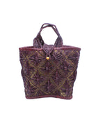 Lusha Macrame Diamond and Crochet Straw Basket Bag handmade natural raffia palm fiber in a solid hue of Umberwine bordeaux/claret/deep/dark/red/purple macrame into a large geometric diagonal diamond pattern with loop banding on the top and bottom edges, macrame diamond and loop handles, with knotted matching flap closure beach bag shoulder bag purse - Shebobo