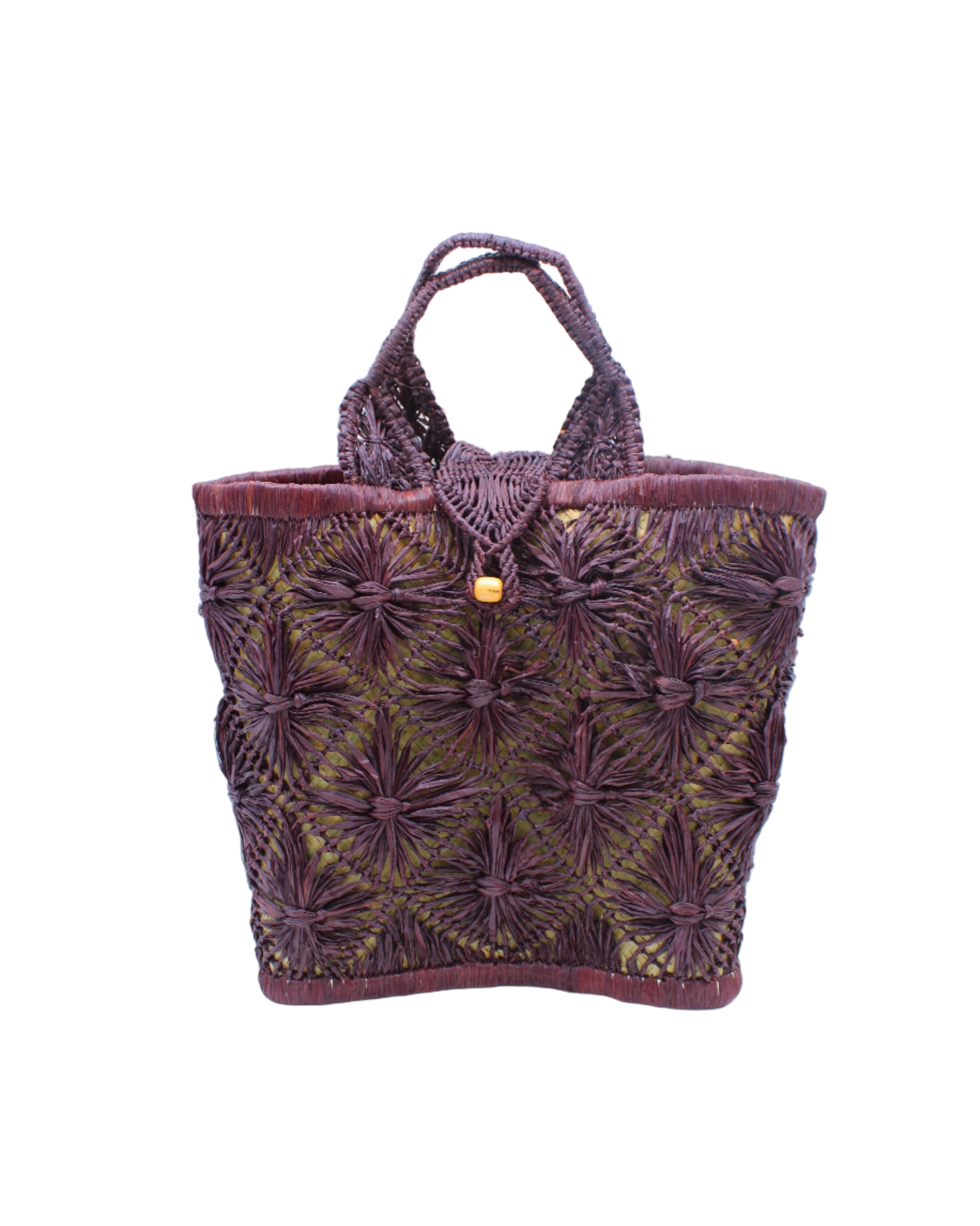Lusha Macrame Diamond and Crochet Straw Basket Bag handmade natural raffia palm fiber in a solid hue of Umberwine bordeaux/claret/deep/dark/red/purple macrame into a large geometric diagonal diamond pattern with loop banding on the top and bottom edges, macrame diamond and loop handles, with knotted matching flap closure beach bag shoulder bag purse - Shebobo