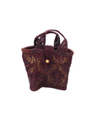 Small size Lusha Macrame Diamond and Crochet Straw Basket Bag handmade natural raffia palm fiber in a solid hue of umberwine bordeaux/burgundy/claret/dark/purple/red macrame into a large geometric diagonal diamond pattern with loop banding on the top and bottom edges, macrame diamond and loop handles, with knotted matching flap closure beach bag shoulder bag purse - Shebobo