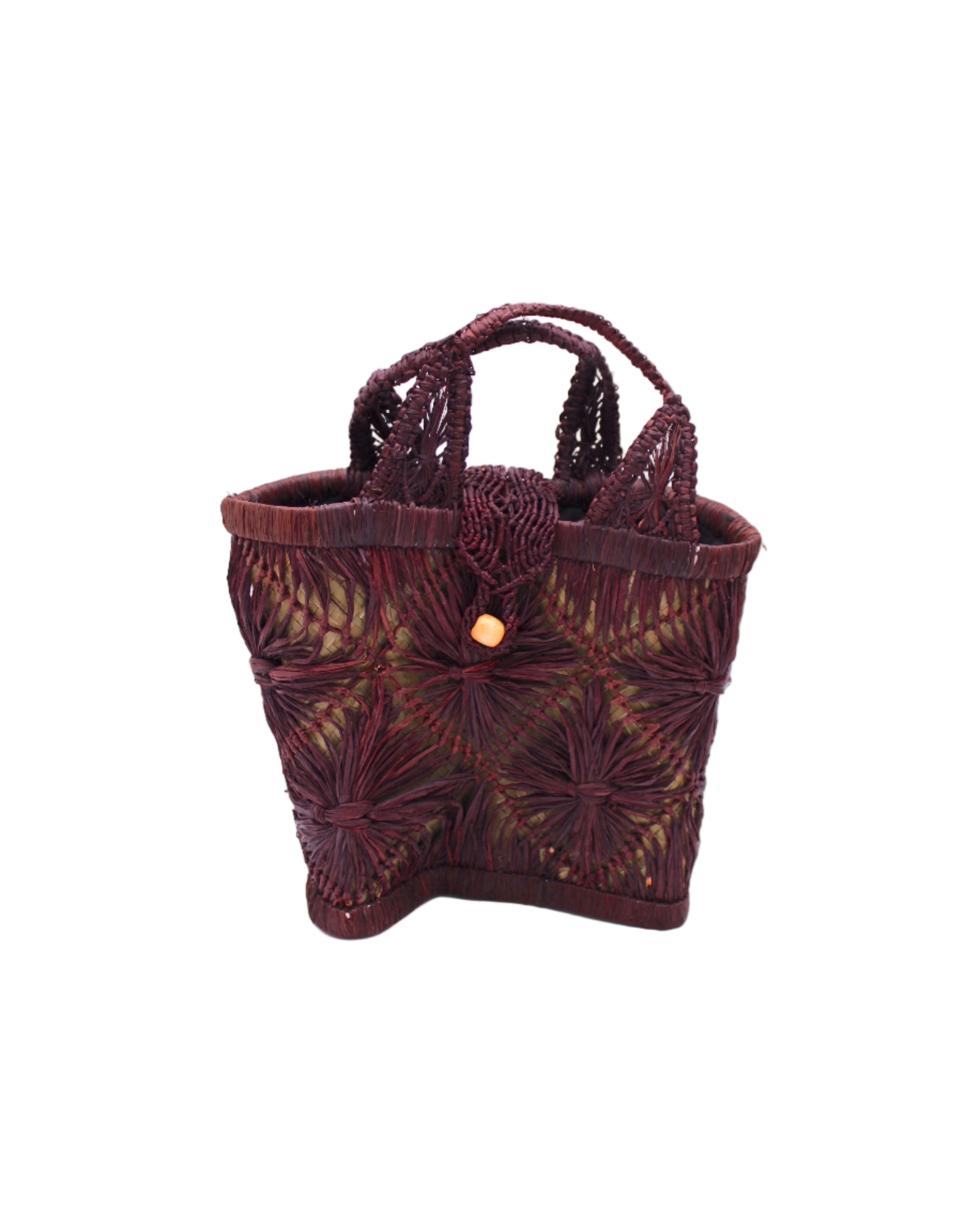 Small size Lusha Macrame Diamond and Crochet Straw Basket Bag handmade natural raffia palm fiber in a solid hue of umberwine bordeaux/burgundy/claret/dark/purple/red macrame into a large geometric diagonal diamond pattern with loop banding on the top and bottom edges, macrame diamond and loop handles, with knotted matching flap closure beach bag shoulder bag purse - Shebobo