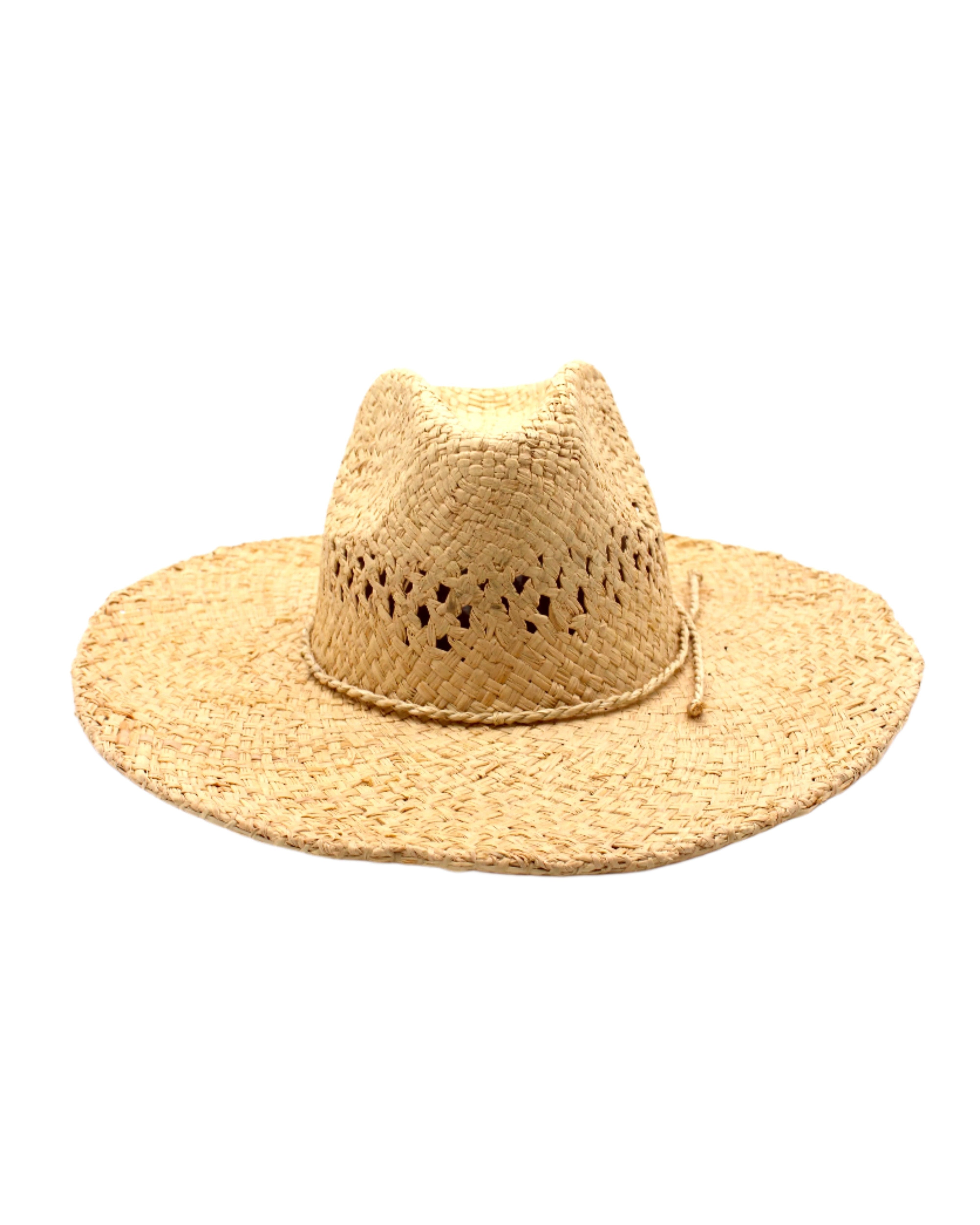 Macho Natural Unisex Straw Cowboy Hat with Adjustable Wire Rim handmade woven raffia in a solid hue of natural straw color in a structured crown style with open weave pattern for breathability and pliable wire rim with matching twisted cord hat band - Shebobo