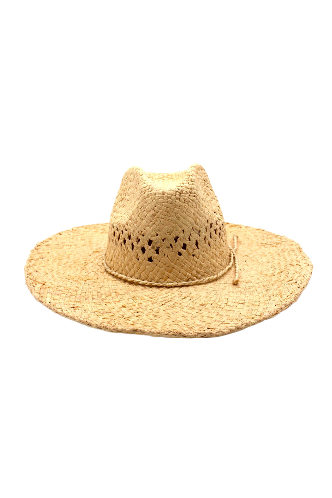 Macho Natural Unisex Straw Cowboy Hat with Adjustable Wire Rim handmade woven raffia in a solid hue of natural straw color in a structured crown style with open weave pattern for breathability and pliable wire rim with matching twisted cord hat band - Shebobo