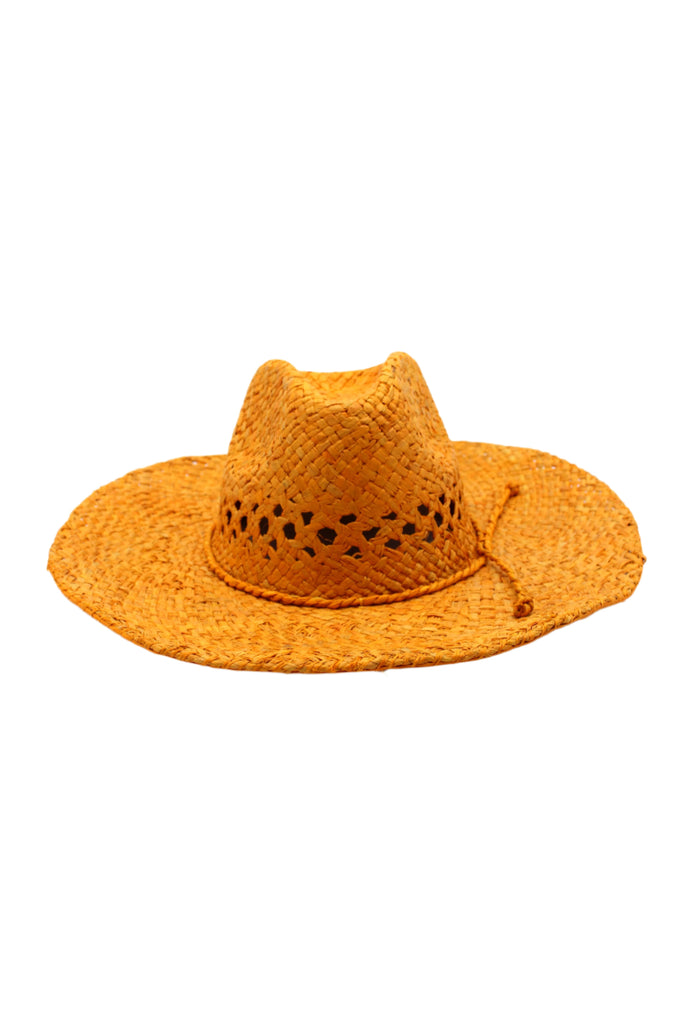 Macho Saffron Unisex Straw Cowboy Hat with Adjustable Wire Rim handmade woven raffia in a solid hue of saffron yellow/orange straw in a structured crown style with open weave pattern for breathability and pliable wire rim with matching twisted cord hat band - Shebobo