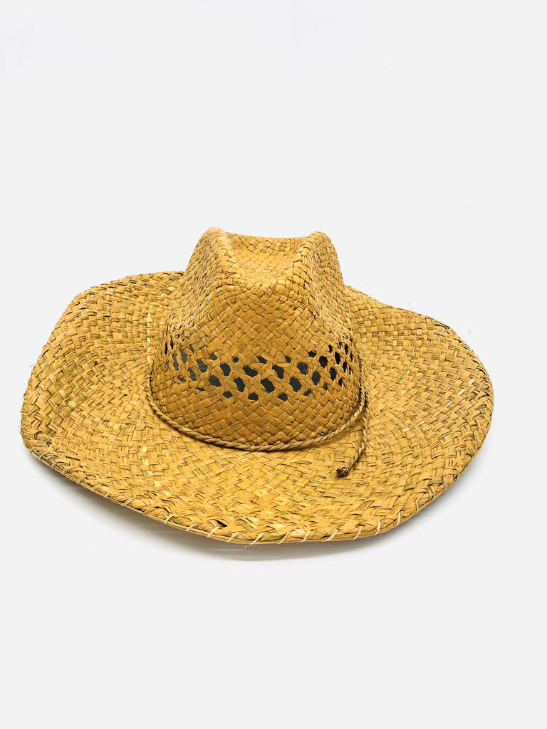 Macho Cinnamon Unisex Straw Cowboy Hat with Adjustable Wire Rim handmade woven raffia in a solid hue of cinnamon/tobacco/brown in a structured crown style with negative space for breathability and pliable wire rim with matching twisted cord hat band - Shebobo